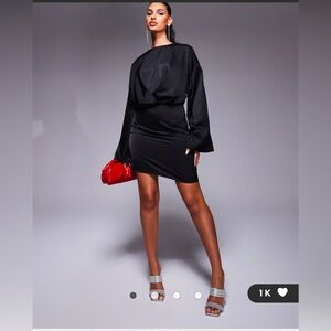 ASOS DESIGN long sleeve satin batwing mini dress in black